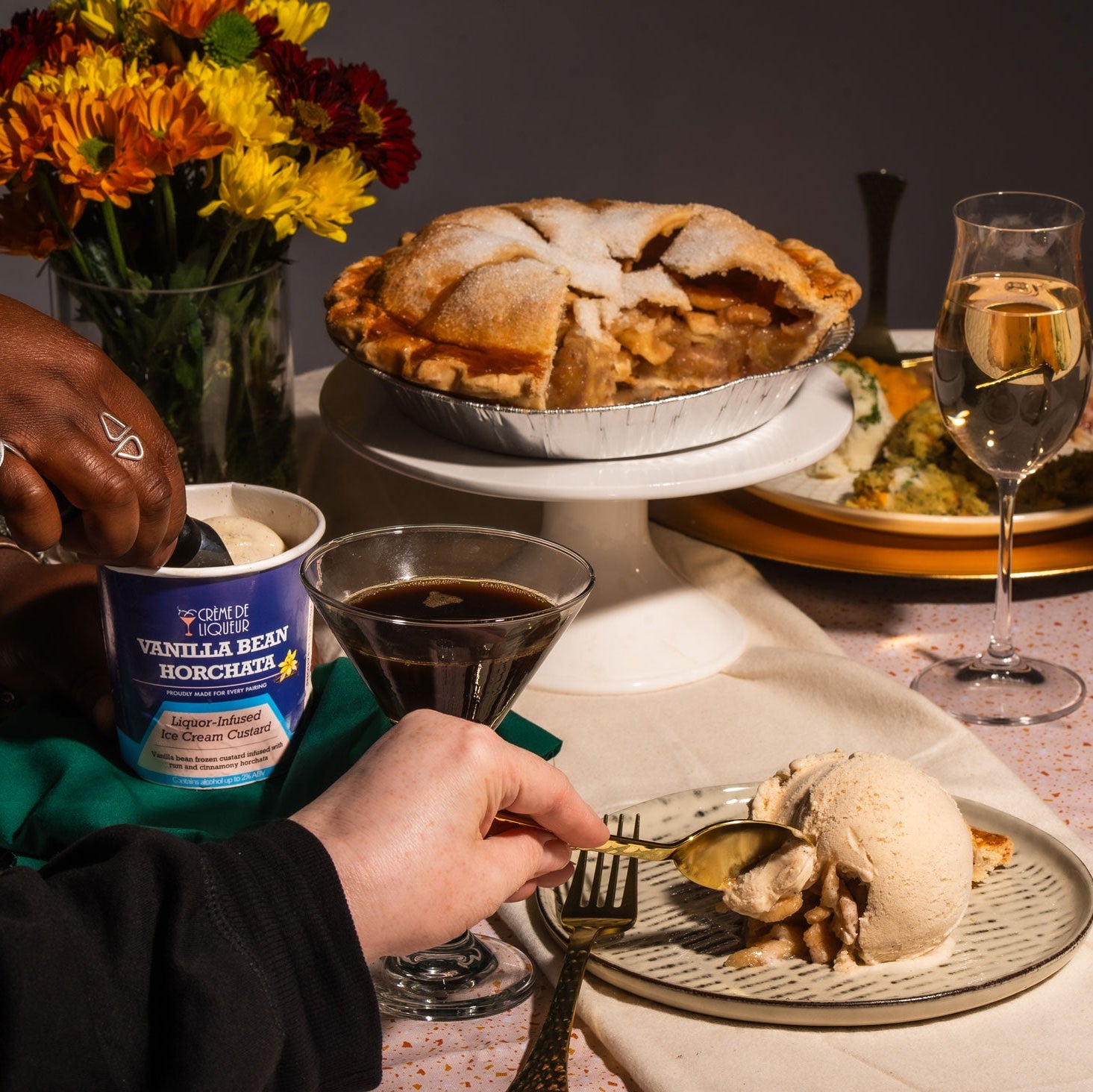 Holiday party with pie, alcoholic ice cream, and brownies a la mode